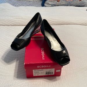BCBG Black open toe shoe with Lucite Heel Size 8